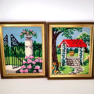 Vintage Set Of 2 Needlepoint  Framed Wall Art Water Well Gazebo Garden Scenic